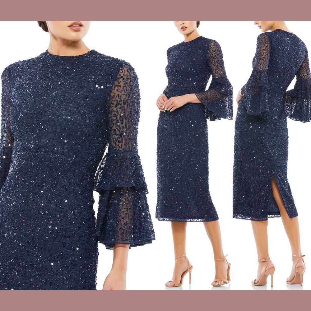 NWT $458 Mac‎ Duggal [ 16 ] Sequined Ruffle Tiered Midi Dress Navy Blue #G1787